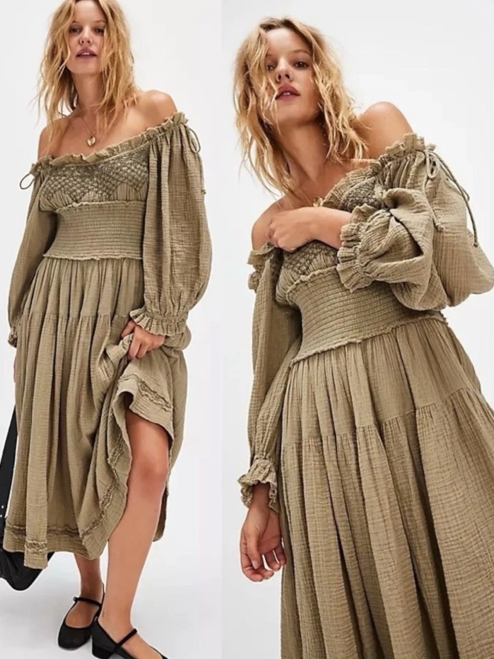 Free People boho, moss fairy Smocked Midi Dress in Olive